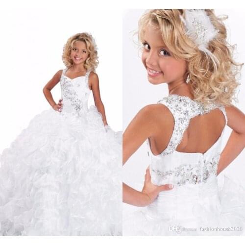 White Organza Ball Gown Flower Girl Dresses For Wedding Square Neck Beaded Crystal Girls Pageant Dress Kids Prom Party Gowns