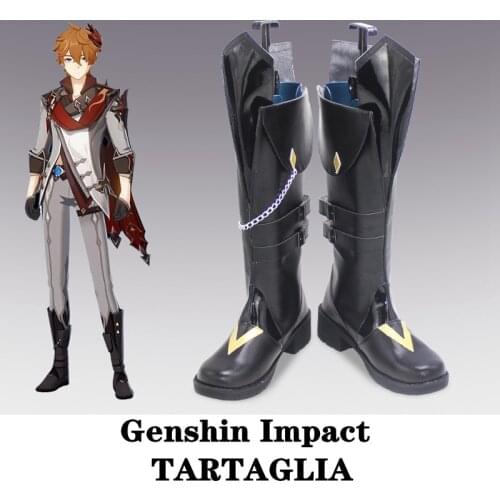 Game Genshin Impact Cosplay Boots Anime Project Tartaglia Cos Shoes Black Leather Adult Customizable Halloween Props