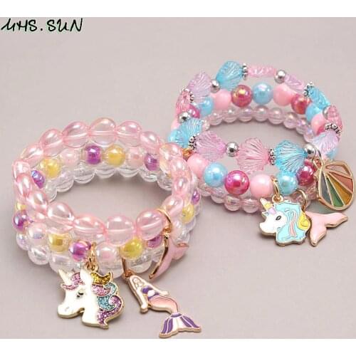 MHS.SUN 3Pcs Unicorn/Mermaid Charms Beads Bracelets Cute Baby Girls Plastic Beads Bracelets Party Jewelry For Kids Child Gifts