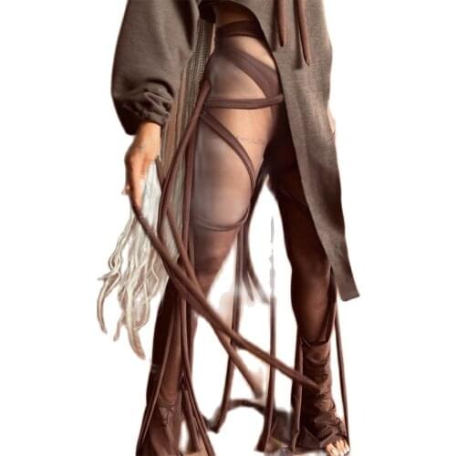 Mesh patchwork lace strap high-waist piled pants see-through transparent 20201 summer trousers