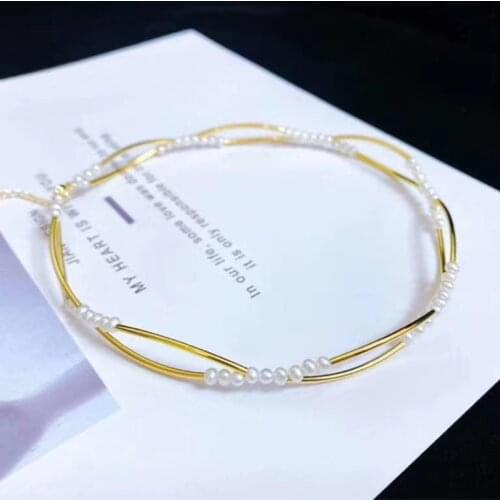 Hot sell special design simple gold choker,tiny natural white genuine pearl beads high quality lady necklace with 3cm extension