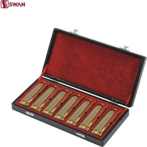 7PCS/Set Swan 10 Holes Harmonica Diatonic Blues Harp A/B/C/D/E/F/G Keys Mouth Organ 7 tune packing Golden With Gift Box Gaita