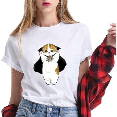 Kawaii Harajuku Cartoon Lazy Cat Women Summer Tee Top Streetwear Sllim White Basic T-Shirt Breathable Soft Girls Clothes