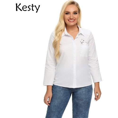 KESTY Womens Plus Size Spring Cotton Shirt With Elastic Beaded Lapel Tie Button Casual Top