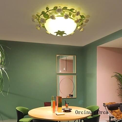 Korean Pastoral Green Flower ceiling lamp Living Room Restaurant Bedroom Creative Garden LED Flower Iron Art ceiling lamp
