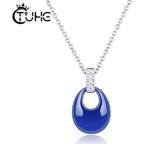 Colorful Ceramic Water Drop Pendant Necklace For Women Fashion Jewelry With Bling Crystal Black White Pink Blue Healthy Ceramic