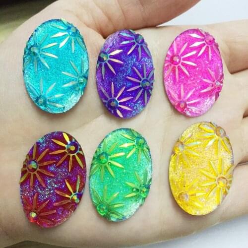 HOT 60pcs 20mm*30mm AB Resin oval flower Rhinestone Flatback Wedding diy Buttons D75*10