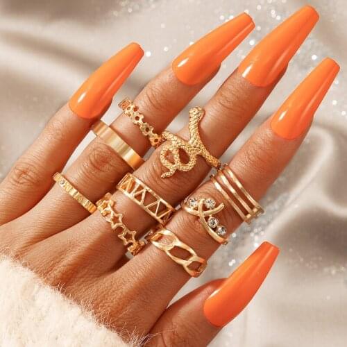 Tocona 9pcs/sets Bohemian Snake Joint Ring Sets for Women Letter Star Geoemtric Shiny Crystal Stone Party Jewelry Anillo 14451