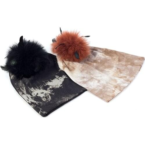 Charm Wood Unisex Tie Dye Ribbed Beanie Hat For Women Men New Style Print Skullies Cap Warm Casual Hats with Ostrich Fur Pompom