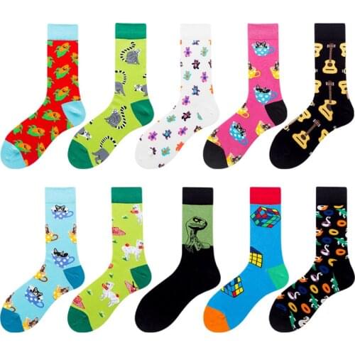 PEONFLY 1 Pair Men Socks Combed Cotton Cartoon Cat Dog Bear Corn Geometric Novelty Funny Socks Casual Combed Cotton Sokken