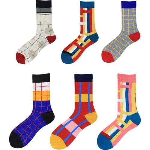 Peonfly Colorful New Men Combed Cotton Trendy Funny Casual Plaid Striped Geometry Crew Skateboard Happy Socks Novelty Gifts