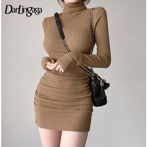 Darlingaga Casual Basic Long Sleeve Turtleneck Autumn Winter Dress Women Fashion Solid Shirring Bodycon Dresses Mini Clothes New