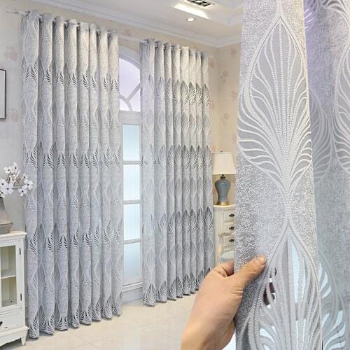Luxurious Europe Gray Jacquard Curtains Tulle for Living Room Hollow Leaf Sheer Voile Door Window Treatment Drapes SP1#112