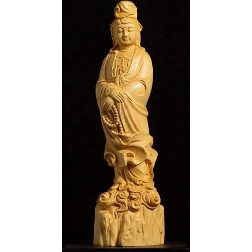 Boxwood 22cm Guanyin Sculpture Wood Buddha Guan Yin Statue Worship Feng Shui Home Decor