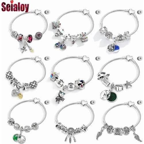 Seialoy New Simple Animal Beads Silver Color Heart-shaped Charm Bracelet For Women Snake Chain DIY Exquisite Girl Bangle Jewelry