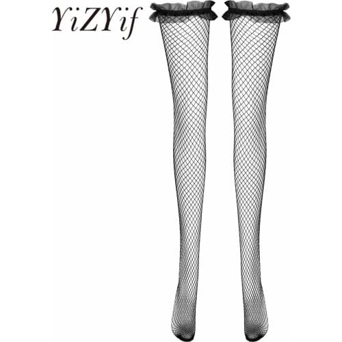 Sexy Fishnet Transparent Stocking Women Erotic Nightclubs Long Stocking Ruffle Lace Over Knee Suspender Silk Thigh High Stocking