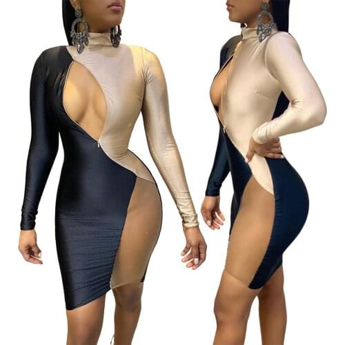 Sexy Cut Out Patchwork Mesh Dress Women Night Party Club Short Dress Long Sleeve Turtleneck Spring Fall Dresses Birthday Outfit