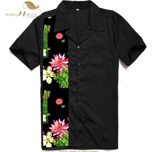 SISHION 2021 Short Sleeve Vintage Inspired Retro Shirt ST110 Summer Cactus Flower Floral Print Bowling Black Men Shirt Plus Size