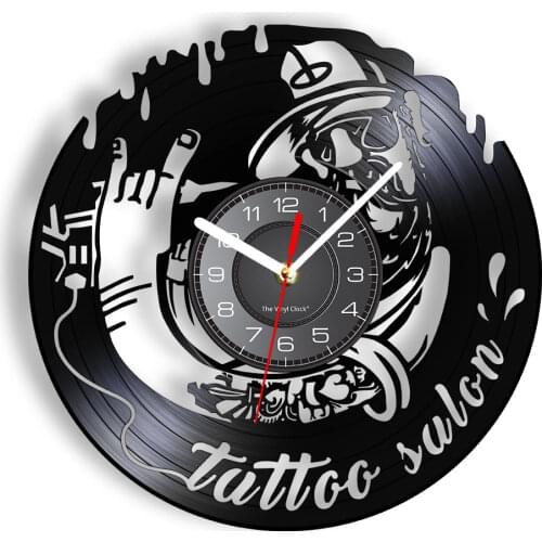 Tattoo Studio Business Sign Vintage Vinyl Record Wall Clock Tattoo Salon Inauguration Decorative Wall Clock