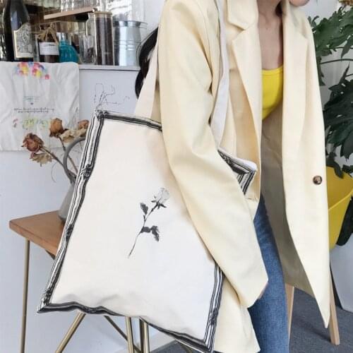 Youda Art Ladies Korean Canvas Bags A Rose Simple Beige Canvas Shopping Shoulder Bag All-match Totes Handbag for Womens 2021