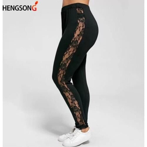Plus Size XL-3XL Sexy Lace Patchwork Hollow Out Stretch Large Leggings Women High Waist Legging Trousers Big Size
