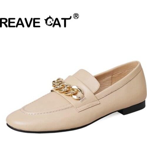 REAVE CAT 2021 Genuine Leather Ladies Flats Lofers Vintage Metal Decoration Slip On Round Toe Big Size 34-40 Black Brown A4450