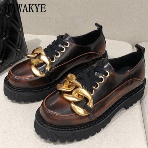 Chic Gold Chain Platform Women Shoes Thick Sole Lace Up Real Leather Brogue Shoes British Heighened Round Toe Loafers Flat Shoes