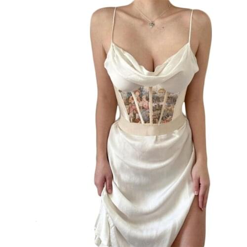 Women Boned Corset Girdle Angel Printed Underbust Bustier Top Satin Slip Dress