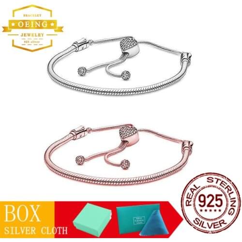 925 Sterling Silver Bracelet Gift Pave Love Telescopic Basic Chain Moments Series Pave Chain Clasp Snake Bracelet Rope