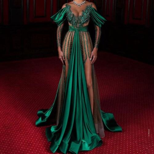 2021 Luxury Long Evening Dresses Elegant Green V-neck Tulle Illusion Prom Pageant Gowns Formal Party Dress Vestido De Festa
