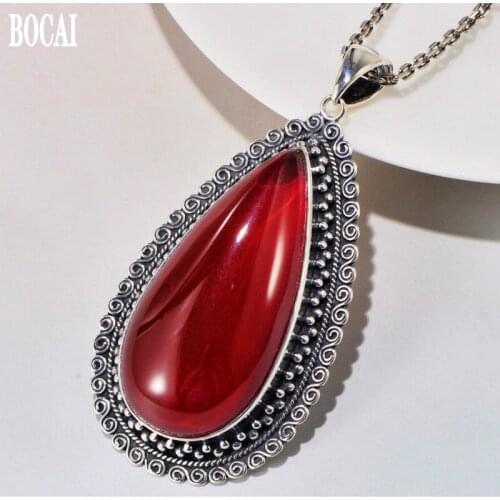 100% S925 pure silver jewelry Thai silver carved large water drops red corundum sweater big pendant woman womans silver pendant