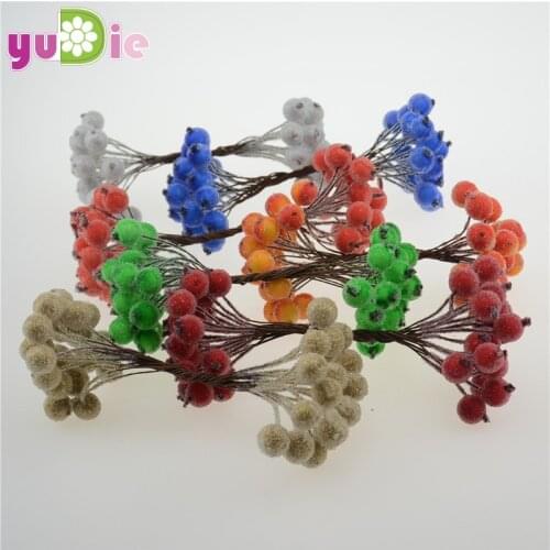 20pcs/40head Mini Fake Fruit glass Berries Artificial pomegranate red cherry Bouquet Stamen Christmas Decorative Double heads