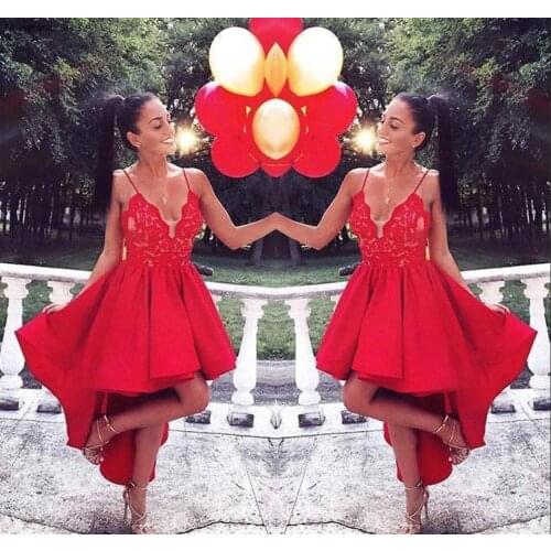 2019 Cheap Red High Low Cocktail Dress Spaghetti Straps Juniors Sweet 15 Graduation Party Dress Plus Size Custom Made