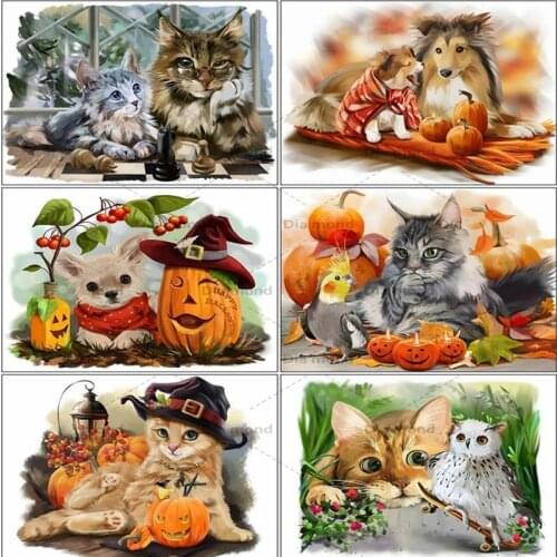 Cat Diamond Embroidery Rhinestone Art 5D DIY Diamond Painting Pumpkin Animals Cross Stitch Halloween Gift Home Decorations