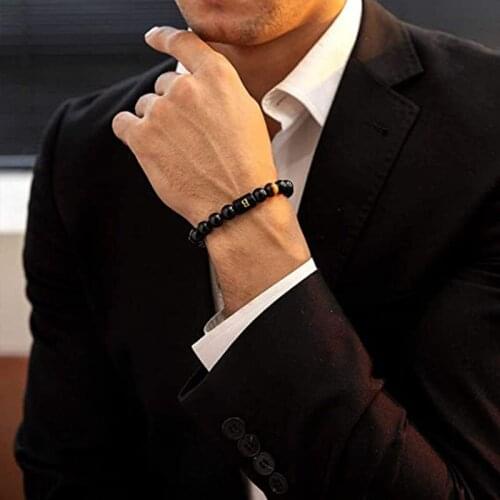 Handmade 26 English Letters Bracelet 10mm Natural Black Onyx Tiger Eye Stone Beads Braided Rope Adjustable Bracelet For Men Gift