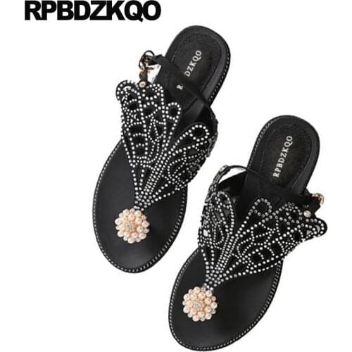 Diamond Rhinestone Shoes Wedding T Strap Bling Nice Black Crystal Embellished Women Sandals Flat Summer 2018 Pearl Thong Beaded