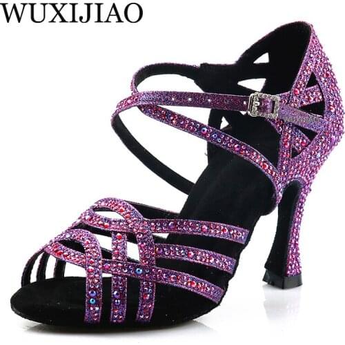 Purple sequined fabric ladies Latin dance shoes, national standard dance shoes, party square dance shoes, soft-soled Cuban Heel