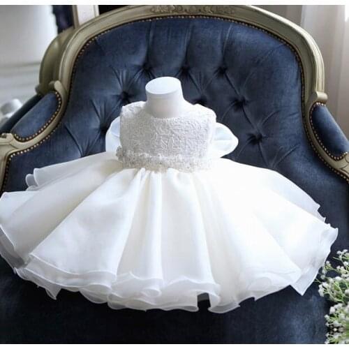 Glizt Baby Girl Dress White Chiffon Ball Gown Bead Bow Belt Baptism Dress for Girl Infant 1 Year Birthday Christening Gowns