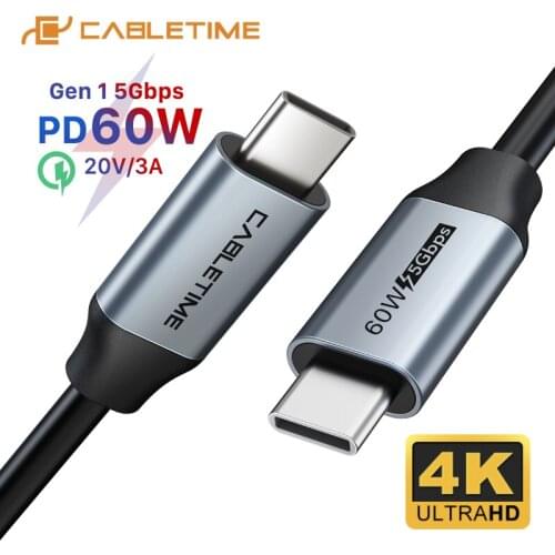 CABLETIME PD 60W USB C Cable to Type C 4K Video USB 3.1 QC 3.0 Fast Charge 5Gbps for Xiaomi 10 Macbook Air Samsung S20 C372