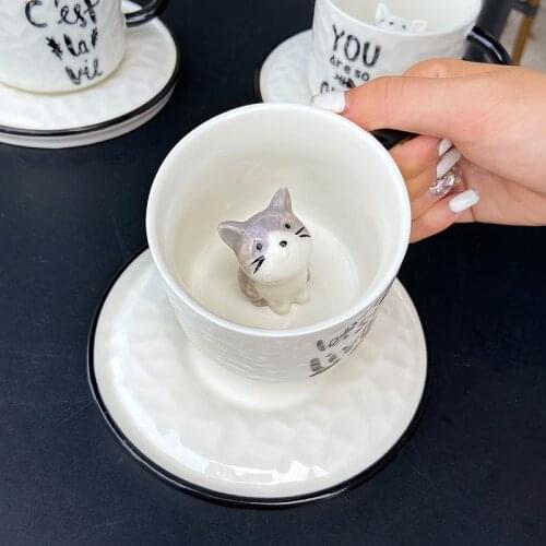 Cat coffee cup plate Cute ceramic cup Cartoon creative Cup restaurant milk tea breakfast cup student gift Cup
