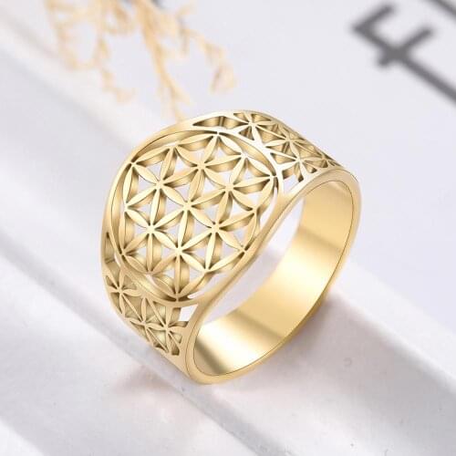 Skyrim Elegant Flower of Life Rings Viking Vintage Stainless Steel Golden Women Ring Wholesale Anniversary Valentines Day Gift