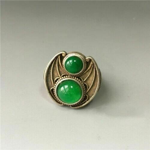 Collection Chinese Pure copper silvering inlay jadeite Handmade Bat Ring