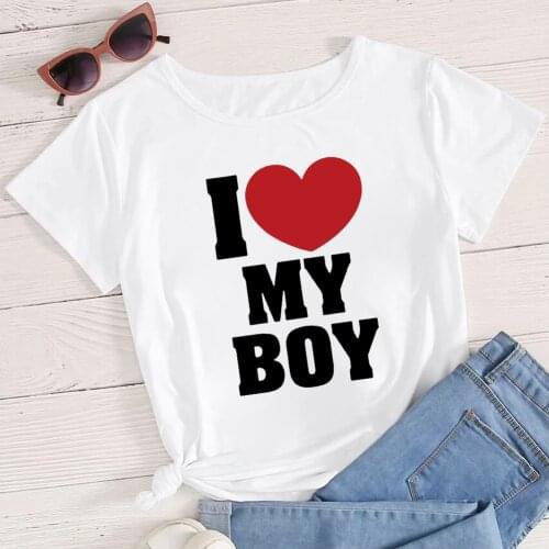 Summer Versatile Lovers T shirt I MY BOY Letter Graphic Shirts Casual Valentines Day T-shirts Creative Korean Vogue Trend