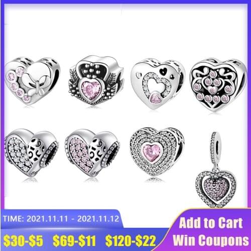 Fashion 925 Sterling Silver Heart shape Sparkling CZ Beads Fit Charms Original europeu Bracelet Necklace Jewelry Making