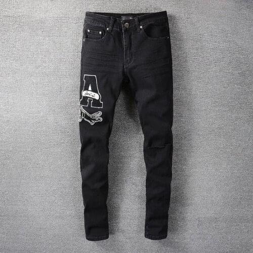 High Street Flocking Letter Animal Jeans Mens Black Stretch Denim Motorcycle Pants Trendy Brand Jeans Hip Hop Graphic Jeans Men