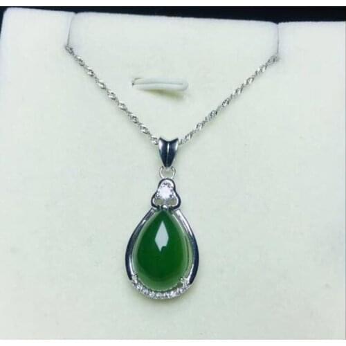 Natural Hetian Jasper Jade 925 Silver Inlaid Water Drop Pendant Necklace