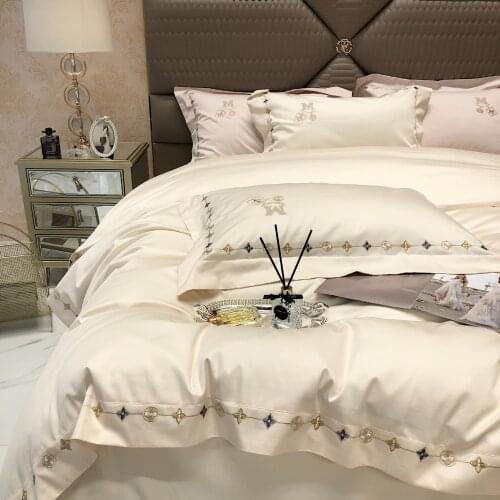 Simple and Light Luxury Bedding Set, High-end 120 Long-staple Cotton Solid Color Duvet Cover, Four-piece Embroidered Bedding