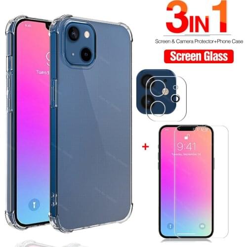 3in1 Transparent Clear TPU Silicone Case For iphone 13 pro max 13 mini 13pro Tempered Glass iphone13mini Camera Protection Film