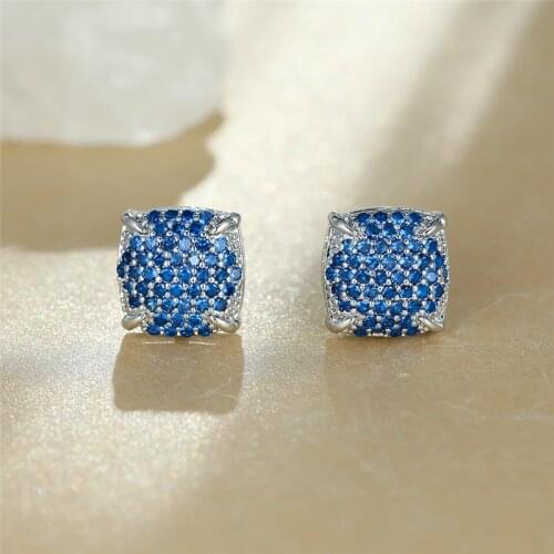 Luxury Female Crystal Square Small Earrings Charm Silver Color Wedding Earrings Cute Bride Blue Zircon Stud Earrings For Women