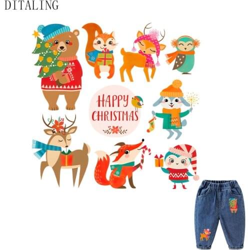 Christmas Patches Thermal Transfer To Clothing Cute Christmas Animals Stickers DIY T-Shirt Jeans Decoration Dropshipping Patch